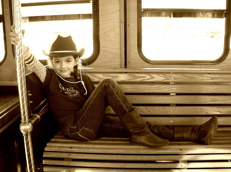 Cowgirl Rides A Train, female, models, hats, boots, trains, children, fun, women, cowgirls, girls, fashion, western, style, HD wallpaper