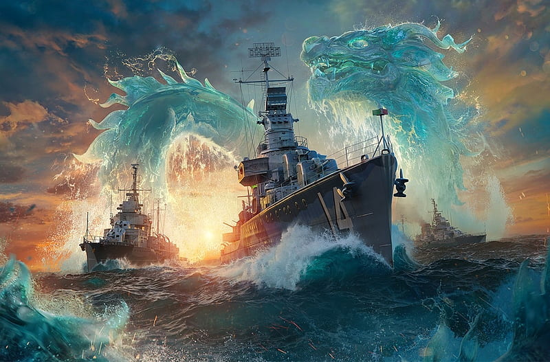 World of Warship, fantasy, luminos, ship, game, dragon, sea, HD wallpaper