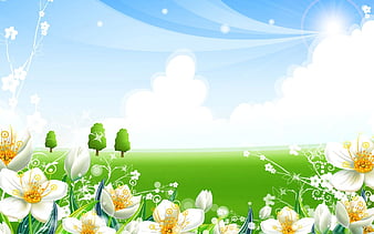 Summer, cloud, yellow, sky, green, flower, white, blue, vector, HD wallpaper  | Peakpx