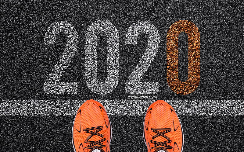 2020 New Year, inscription on the pavement, Happy New Year 2020, 2020 concepts, asphalt texture, orange athletic shoes, HD wallpaper