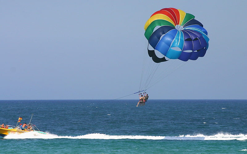 Parasailing, boat, sea, parasail, parachute, colors, HD wallpaper