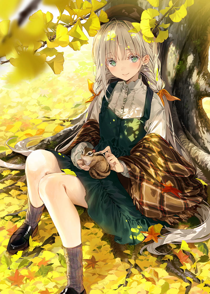 girl, squirrel, tree, leaves, branches, anime, art, HD phone wallpaper