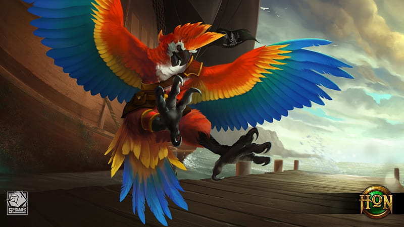 Parrot Zephyr, red, colorful, art, wings, Heroes of Newerth, game, ara, fantasy, bird, blue, HD wallpaper