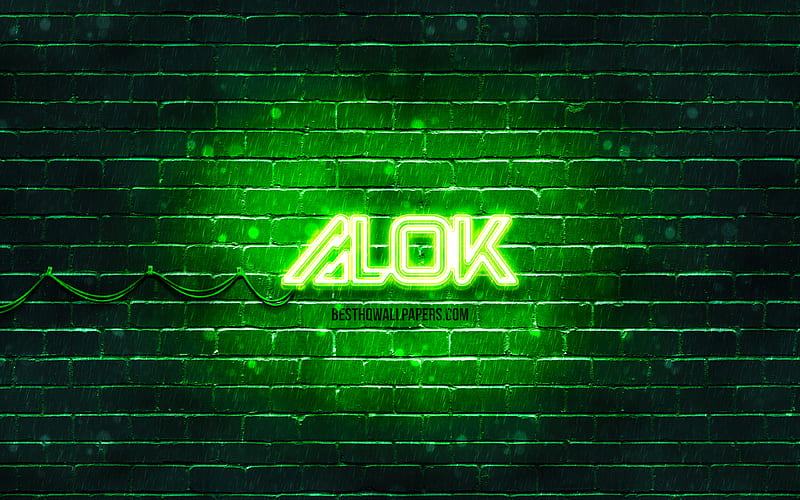 Alok green logo superstars, brazilian DJs, green brickwall, Alok new logo, Alok Achkar Peres Petrillo, Alok, music stars, Alok neon logo, Alok logo, HD wallpaper