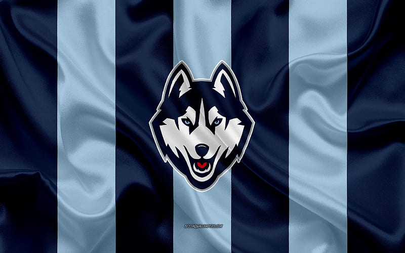 UConn Huskies, American football team, emblem, silk flag, blue silk texture, NCAA, UConn Huskies logo, Storrs, Connecticut, USA, American football, HD wallpaper