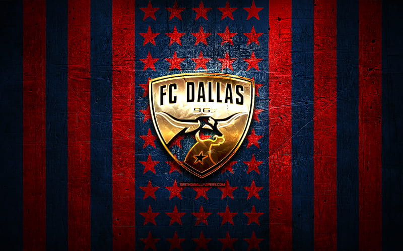 FC Dallas flag, MLS, red blue metal background, american soccer club, FC Dallas logo, USA, soccer, FC Dallas, golden logo, HD wallpaper