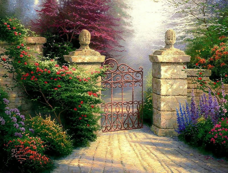 Garden gate, gate, stone, flowers, path, garden, HD wallpaper
