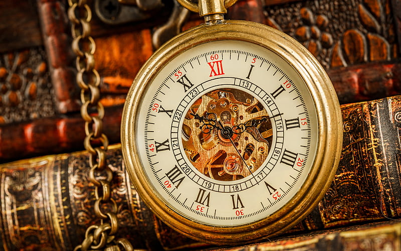 vintage gold watch, time concepts, gold pocket watch, retro watch, old books, clock, HD wallpaper