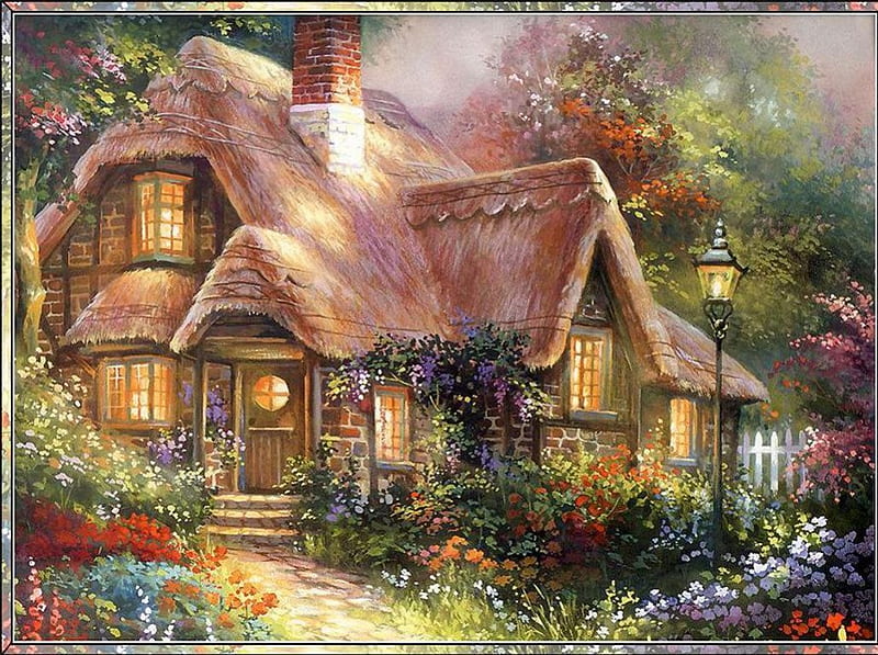Fairytale Cottage, house, painting, flowers, garden, trees, artwork, HD wallpaper
