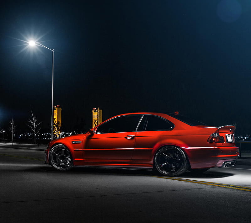 BMW M3 Red, bmw m3, e46, lights, night, HD wallpaper