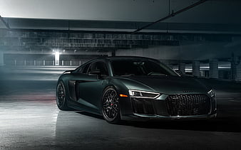 Audi R8, 2018, V10, exterior, dark green sports coupe, side view, tuning, green P8, German sports cars, Vossen wheels, Audi, HD wallpaper