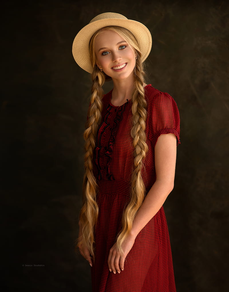 Dennis Drozhzhin, blonde, long hair, braids, pigtails, looking at viewer, women, graphy, smiling, hat, simple background, model, dress, green eyes, portrait display, HD phone wallpaper