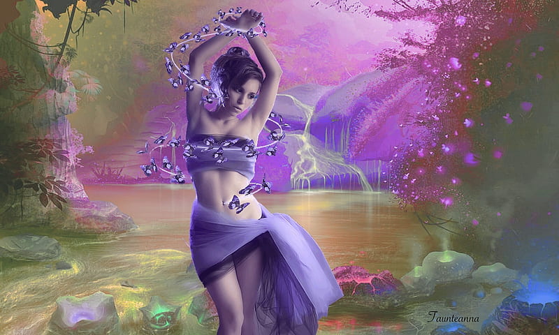 Fantasy Girl and Butterflies, purple, fantasy land, lovely, ethereal, Fantasy girl, butterflies, unearthly, HD wallpaper