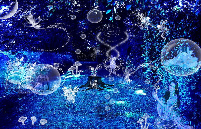 FAIRY IN THE BLUE, fantasy, female, bubbles, fairies, mushrooms, blue, HD wallpaper