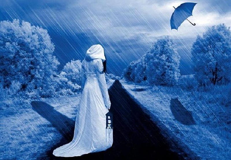 Cold Blue Day, sleet, waiting, lonely, rain, road, woman, cold, HD wallpaper