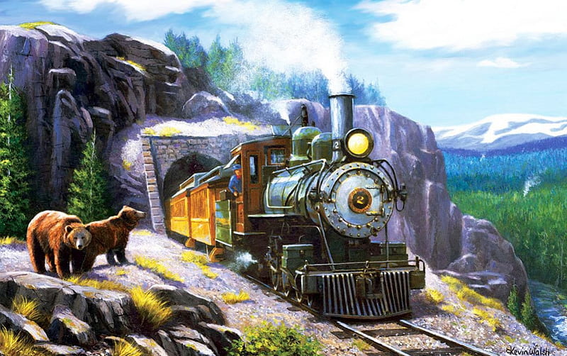 Bear Mountains Railways, locomotive, train, Bears, painting, steam, HD wallpaper