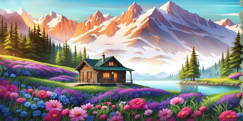 Mountain cabin with summer flowers., tajkep, novenyzet, hegyi kabin, fak, szines, erdo, hegyek, nyari viragok, HD wallpaper