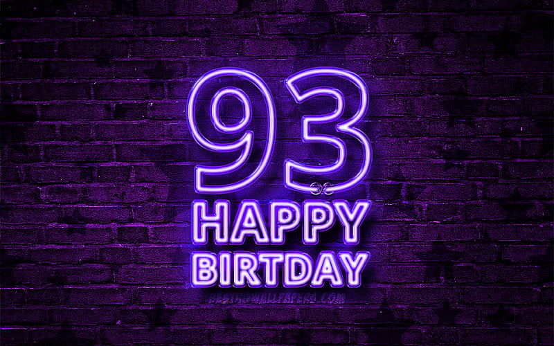 Happy 93 Years Birtay violet neon text, 93rd Birtay Party, violet brickwall, Happy 93rd birtay, Birtay concept, Birtay Party, 93rd Birtay, HD wallpaper