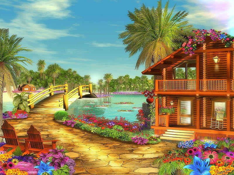 ✼Island of Paradise✼, architecture, scenic, gardening, dreams, coconut trees, attractions in dreams, most ed, digital art, seasons, paintings, chairs, flowers, scenery, drawings, butterfly designs, lakes, houses, bridges, love four seasons, creative pre-made, paradise, sidewalk, summer, island, nature, HD wallpaper
