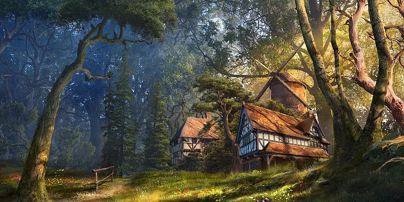 The village, forest, art, house, luminos, tree, fantasy, green, reinmar84, village, blue, HD wallpaper