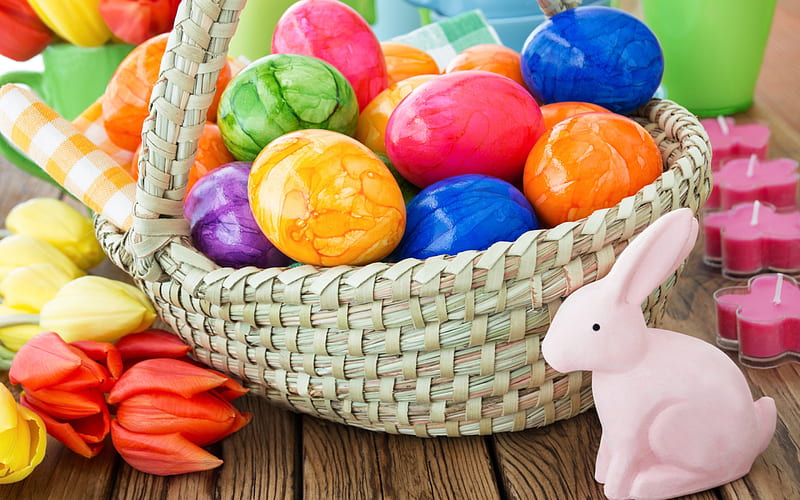 Easter eggs, decoration, rabbit, 2018, multi-colored Easter eggs, tulips, spring, Easter, HD wallpaper