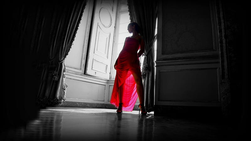 *** Red dress ***, red, female, dress, model, people, room, door, HD wallpaper