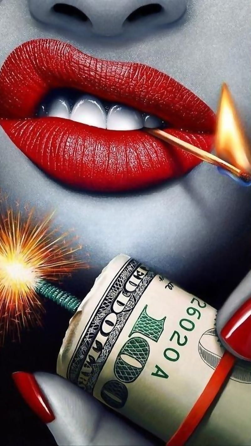 Dynamite, black and white, dollars, fire, match, money, naughty girl, red lips, red nails, teeth, HD phone wallpaper