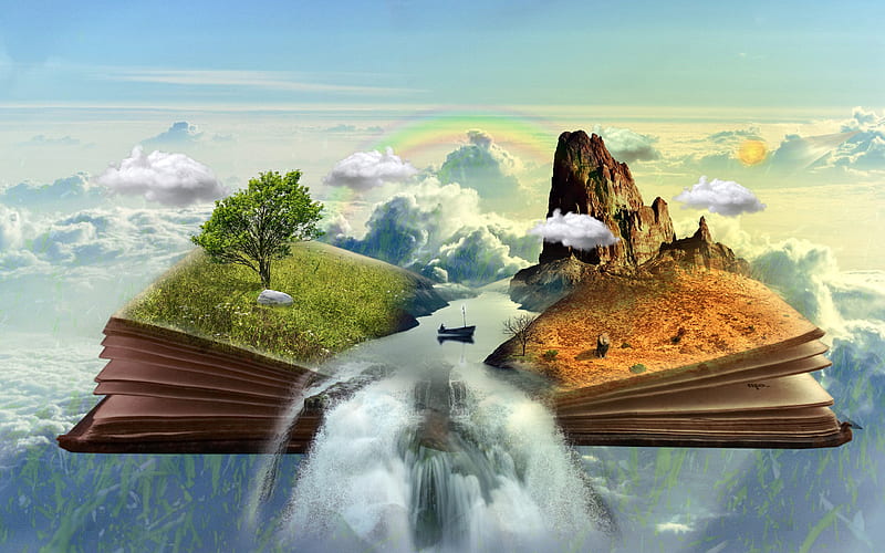 book, natural concept, river, waterfall, mountains, meadows, HD wallpaper