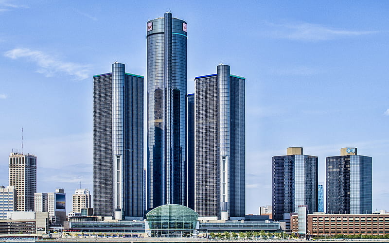 Detroit Marriott, Renaissance Center, Detroit, skyscrapers, modern buildings, business centers, Michigan, USA, Detroit cityscape, HD wallpaper