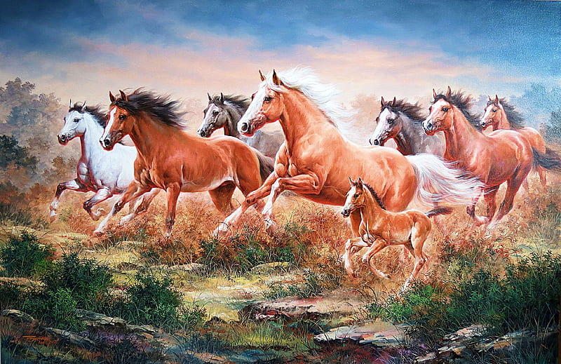 Horses, painting, nature, river, herd, HD wallpaper | Peakpx