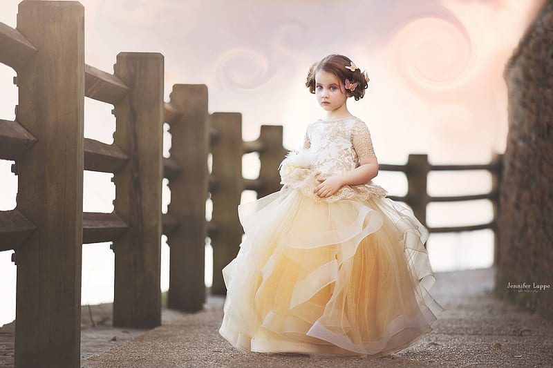 Little girl, fence, jennifer lappe, little, dress, girl, copil, child, HD wallpaper