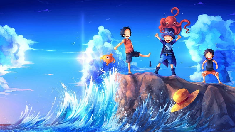 Childhood, Fish, Anime, Adoptive Brothers, Former Noble, Monkey D Luffy, Manga, Strawhat, Fire Fist, Sabo, Revoltionary, Pirate, Octopus, One Piece, Portgas D Ace, HD wallpaper