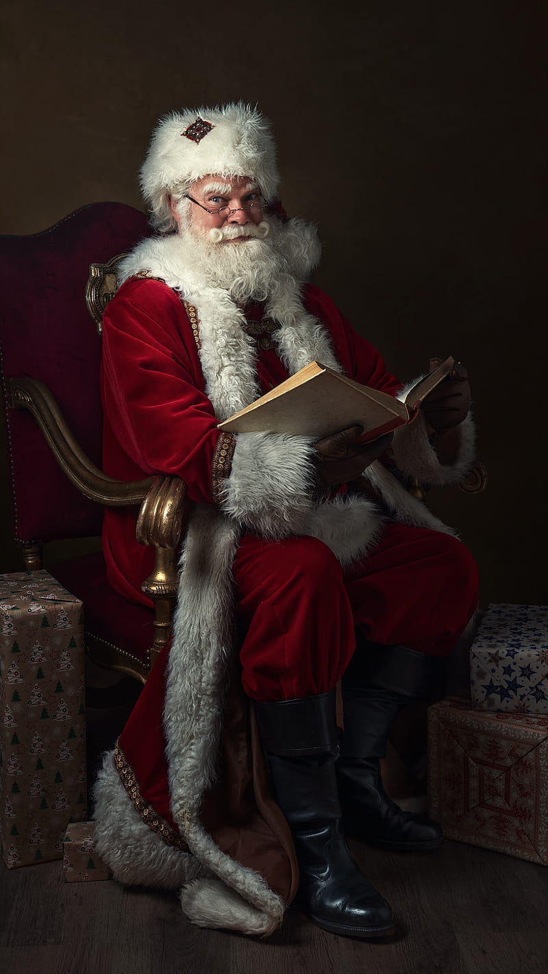 Santa Claus, book, merry christmas, old man, reading, red, saint, HD phone wallpaper