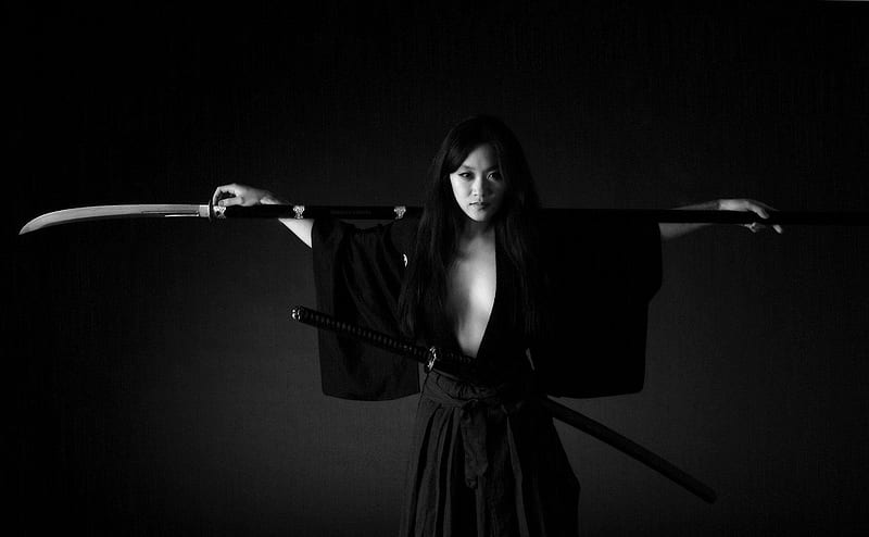 Martial Artist, graph, robe, model, katana, spear, black, white, HD wallpaper