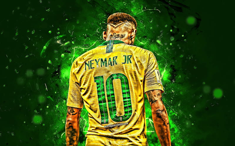 Neymar, back view, football stars, Brazil National Team, green background, Neymar JR, soccer, creative, neon lights, Brazilian football team, HD wallpaper