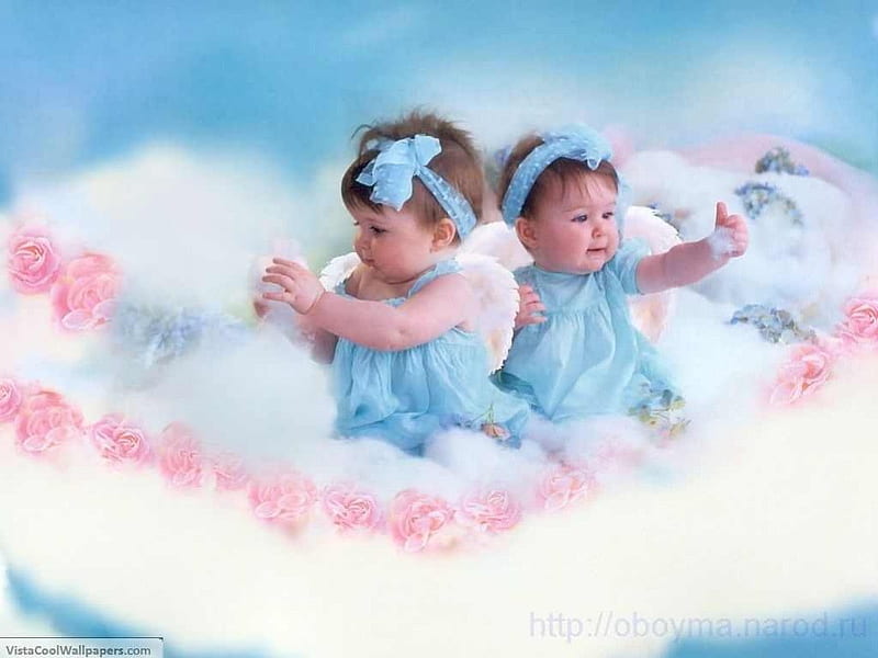 Sweet Angel Babies, cloud, angel, baby, cute, girl, darling, flowers, pink, blue, sweer, HD wallpaper