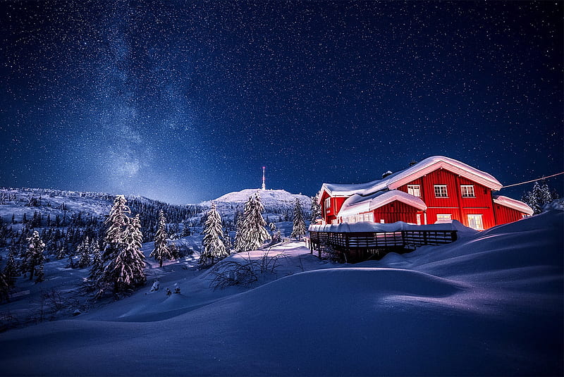 Winter night, house, chalet, snow, bonito, cabin, winter, night, stars, sky, mountain, HD wallpaper