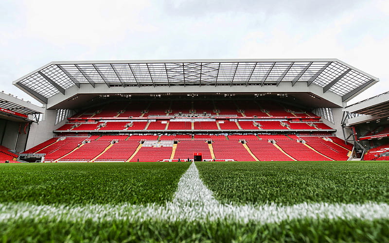 Anfield, empty stadium, Liverpool stadium, R, England, green grass, english stadiums, soccer, Liverpool, football stadiums, Anfield Road, Liverpool FC, HD wallpaper