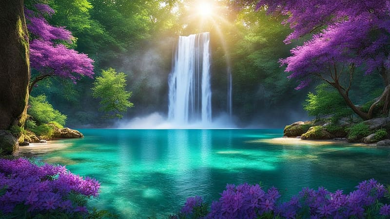 A beautiful waterfall in the forest with lush green trees and purple flowers., erdo, napfeny, lila viragok, zold fak, gyonyoru vizeses, zuhatag, HD wallpaper