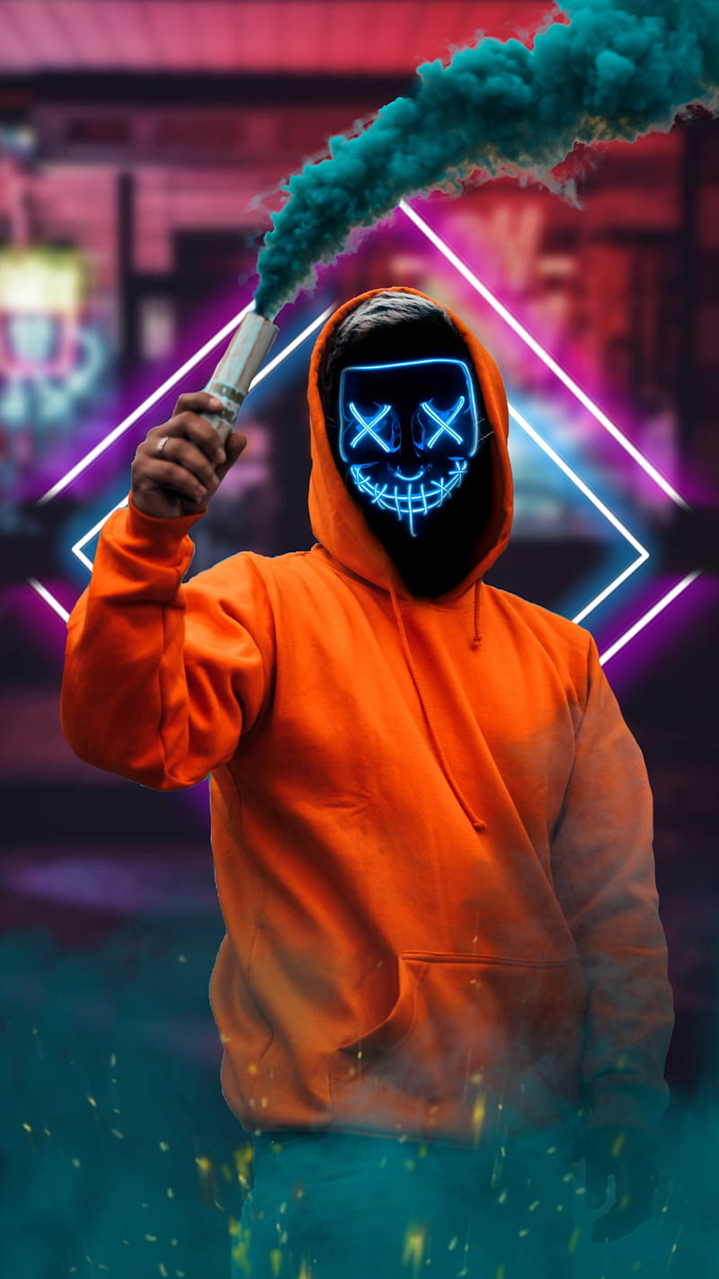 Premium AI Image | A neon mask with blue and yellow eyes holds a cigarette  in his mouth