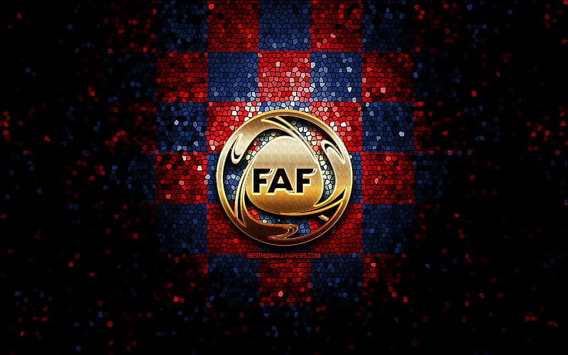 Andorran football team, glitter logo, UEFA, Europe, blue red checkered background, mosaic art, soccer, Andorra National Football Team, FAF logo, football, Andorra, HD wallpaper