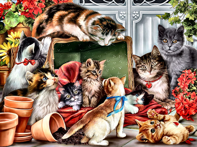 Garden Cats F, art, bonito, pets, illustration, artwork, animal, feline