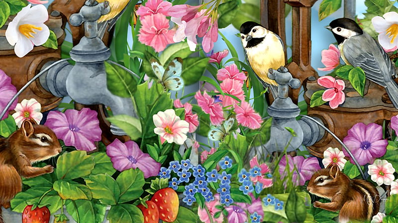 Buds & Birds, squirrel, chipmunks, birds, butterflies, spring, faucet, strawberries, garden, summer, flowers, Firefox Persona theme, HD wallpaper