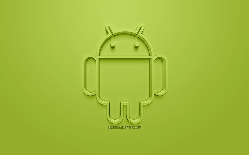 Android, logo, Robot, green background, 3d art, 3d Android logo, emblem, creative art, 3d robot, HD wallpaper
