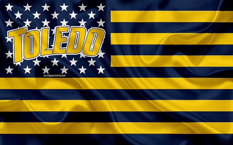 Toledo Rockets, American football team, creative American flag, blue and yellow flag, NCAA, Toledo, Ohio, USA, Toledo Rockets logo, emblem, silk flag, American football, HD wallpaper
