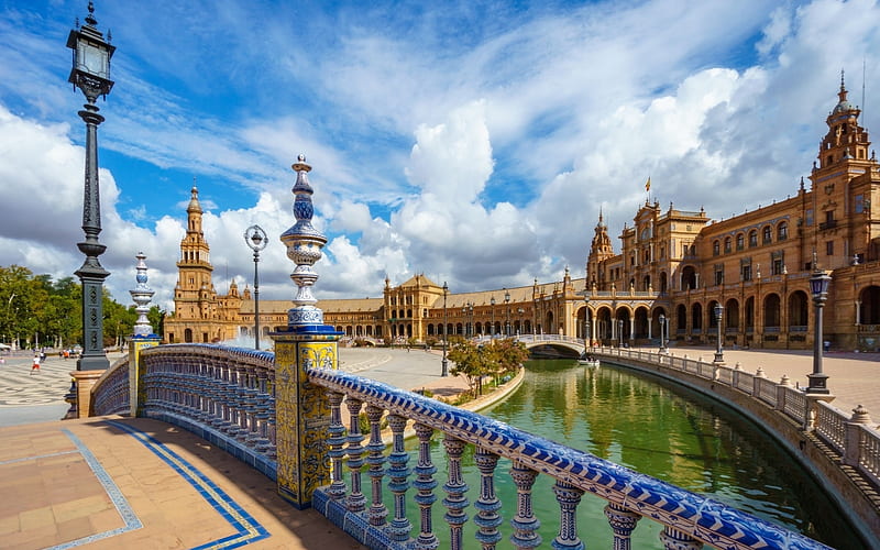 Seville, Spain, canal, Spain, square, house, lanterns, Seville, HD wallpaper