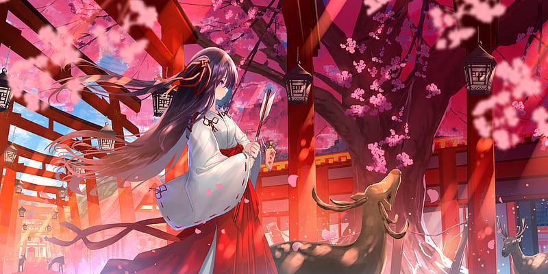 Anime Girl Kimono Cat Art 4K tải xuống hình nền