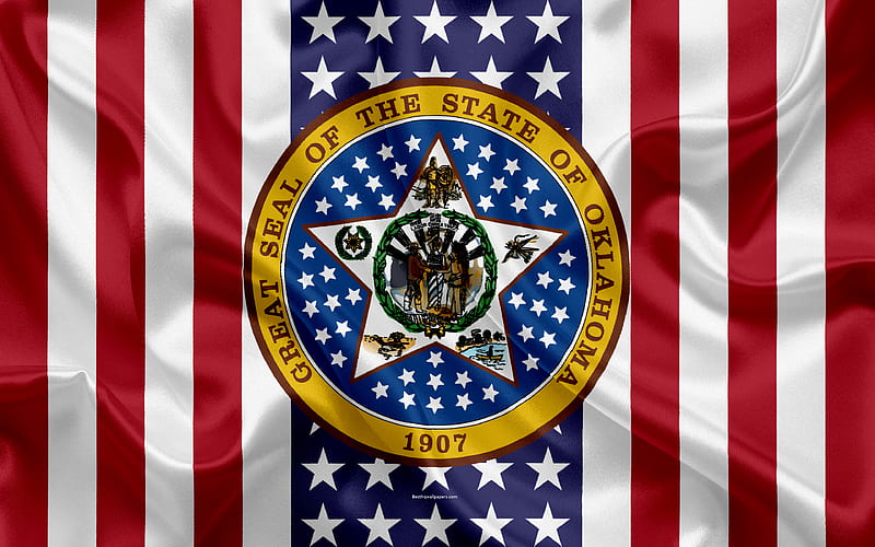 Oklahoma, USA American state, Seal of Oklahoma, silk texture, US states, emblem, states seal, American flag, HD wallpaper