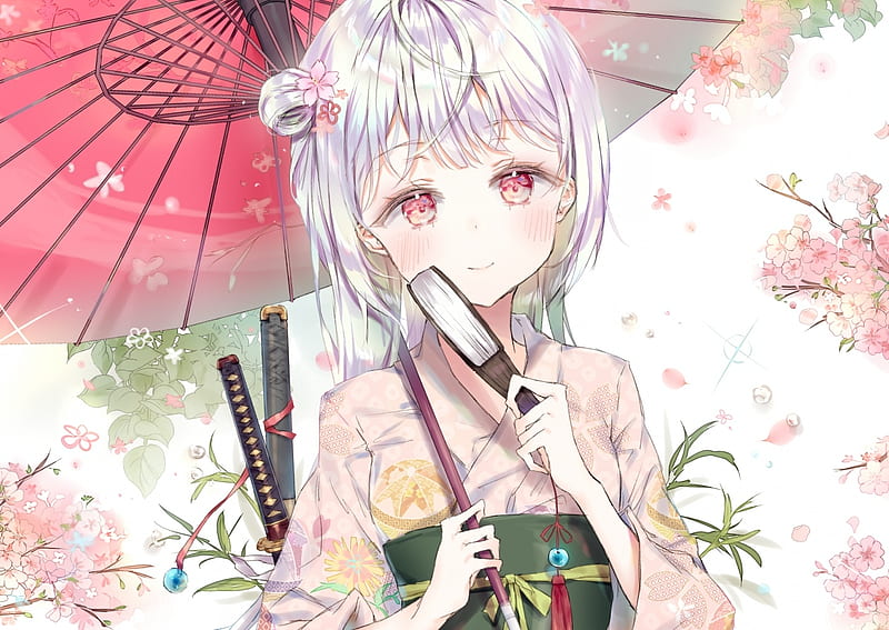 anime girl, kimono, white hair, umbrella, pink eyes, katana, cute, Anime, HD wallpaper