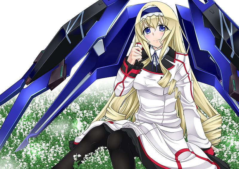 Celcilia Olcot, pretty, britain, celcilia, yellow, robot, nice, anime, flowers, beauty, anime girl, school uniform, wings, robotic, olcot, black, blonde, cute, school, blue tears, cool, pantyhose, awesome, white, red, infinite stratos, bonito, thighhighs, yellow hair, blue eyes, blue, british, england, blonde hair, is, mechanical, girl, uniform, meadow, HD wallpaper